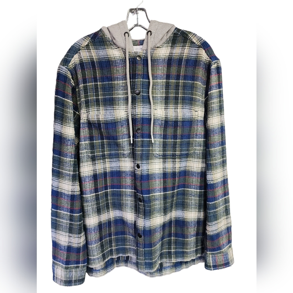 BDG URBAN OUTFITTERS Hooded Plaid Flannel Overshirt Green Multi Size Small